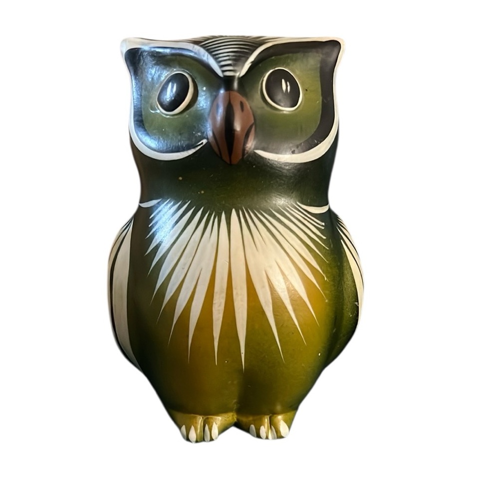 Vintage Hand-Painted Mexican Owl Figurine with Bird Design on back ceramic